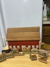 Rare Vintage Wooden Farm Barn  18 Cardboard Animals With Wooden Base Set