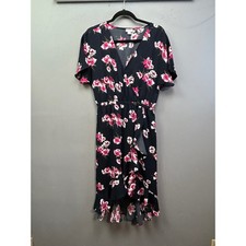 J.Crew Dress Womens S Navy Pink Floral Faux Wrap Ruffle Hem Flutter Sleeve