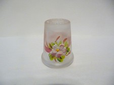 THIMBLE VINTAGE HANDPAINTED FROSTED CRYSTAL PINK & WHITE FLOWER AFFIXED++++++++