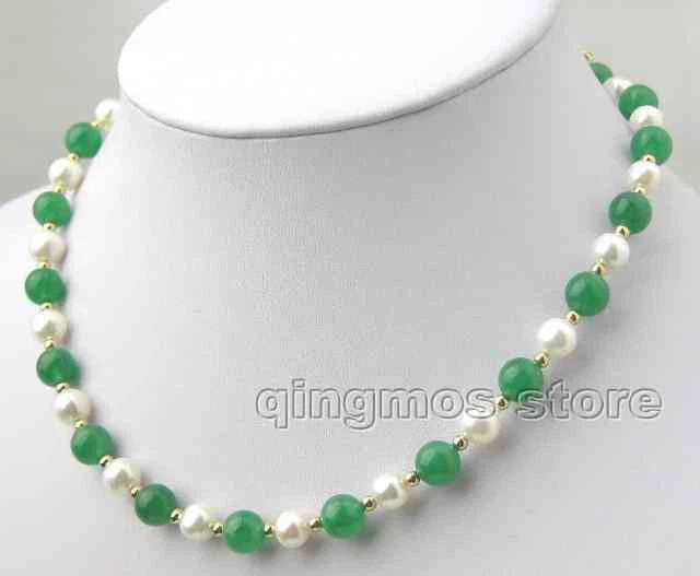 7-8毫米天然白色珍珠项链女式绿色玉项链17英寸项圈 — 第 2/2 张图片