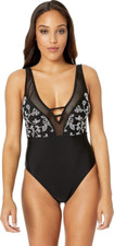  128 Lucky Brand R2551 Womens Westwood Wander One-Piece Swimsuit, Black, L
