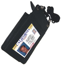BLACK Leather ID CARD Holder Work Travel Pouch Neck Badge Strap Utility Pocket