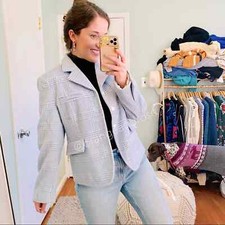 Ganni Light Blue Cream Wool Blend Plaid Button Snap Lapel Blazer 42 L/xl Work
