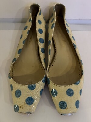 Bettye Muller 38/7.5 Ballet Flats Blue Polka Dot Crinkle Leather Loafers# 6993