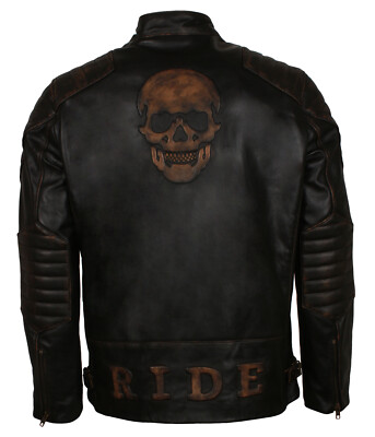 Mens Skull Embossed Leather Jacket Biker Motorcycle Gear Moto Outerwear Fashion