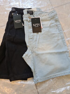 boohooMAN Rigid Denim Shorts Pairs Black Light Blue Size