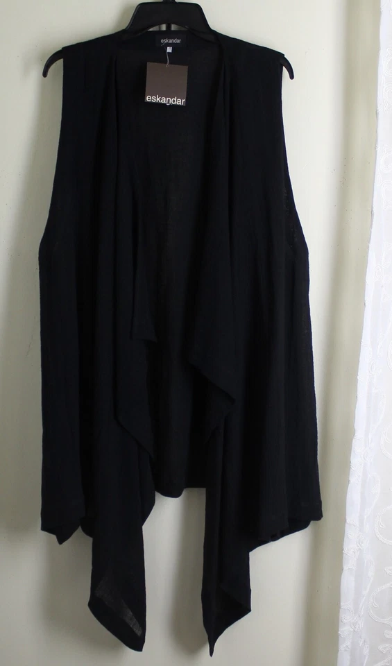 NWT Eskandar 0 Runs O/S BLACK Linen Gauze 33-44" Long Jacket Vest - Image 2 of 4