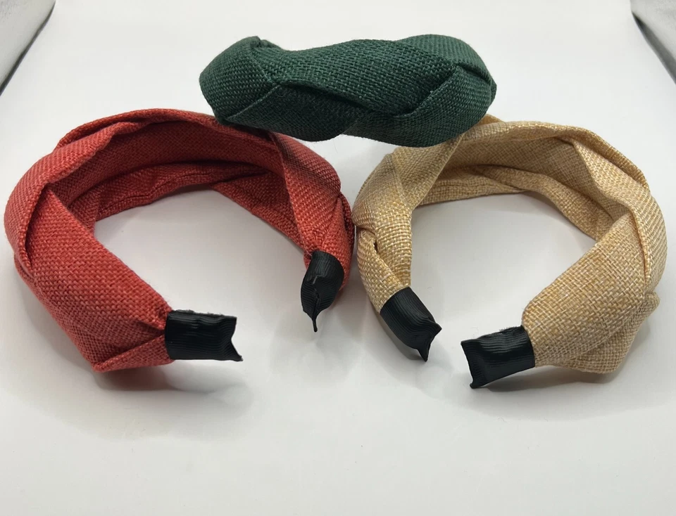 3 diademas tejidas para mujer con acento de imitación de cuero rojo claro, beige, verde Foto 3 de 3