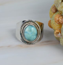 Solid 925 Silver Larimar Ring Handmade Statement Pectolite Ring All Size SR70