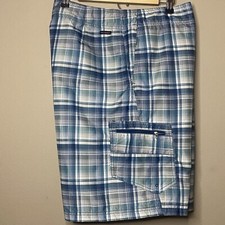 Columbia Plaid Board Shorts Men 38 x11 Blue Green 100 Polyester