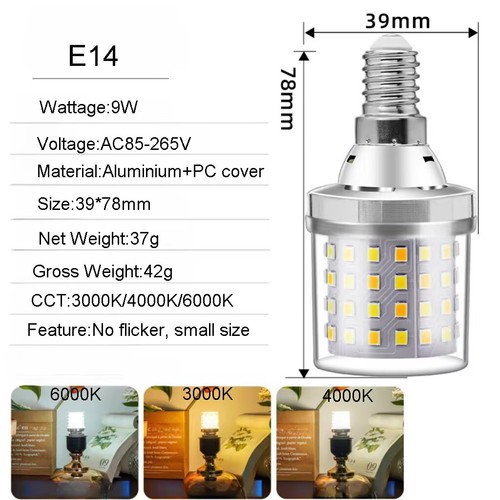 Mini LED Corn Bulb E27 E26 E14 E12 B22 B15 9W Lamp 2835SMD for Chandelier - Picture 11 of 15