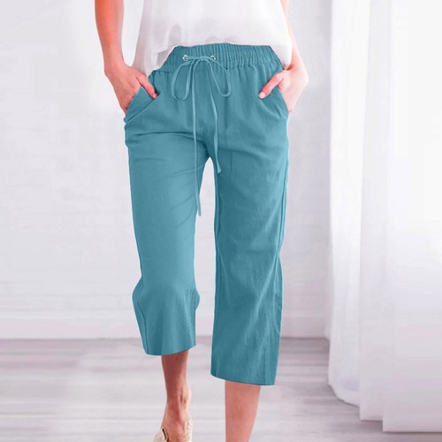 Pantalones capri de playa informales de lino de 3/4 de largo para damas Pantalones cortos de verano - Imagen 26 de 56