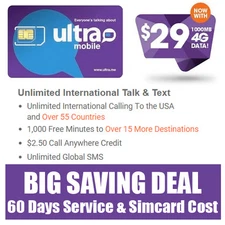 Free 60 Days - Ultra Mobile Prepaid SIM Card $29 Unlimited Talk Text & 1GB Web
