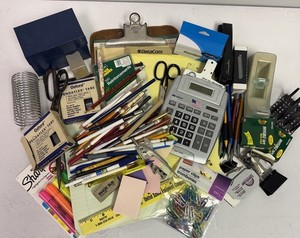 VTG Retro Office Supplies Pencils Stapler Tape Dispenser Paper Estate Sale Lot