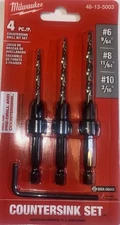 * Milwaukee Countersink Set w/ Tapered Wood Drill Bits, (#6, #8, #10) 48-13-5003