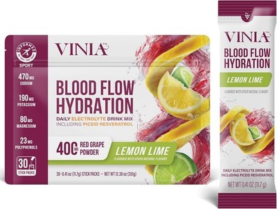 VINIA Resveratrol Electrolyte Hydration Powder Mix Lemon Lime Blood Flow 