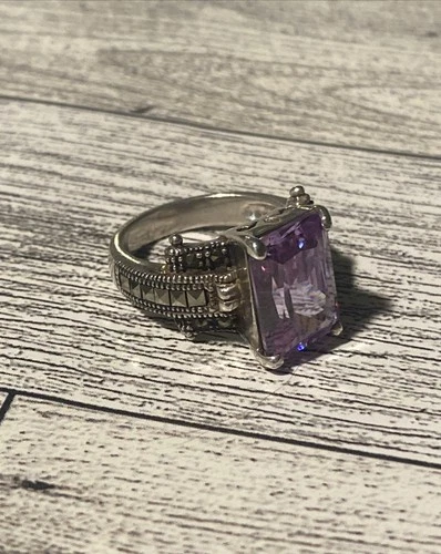 Vintage 925 Sterling Silver Amethyst Marcasite Art Deco Ring Size 8 READ