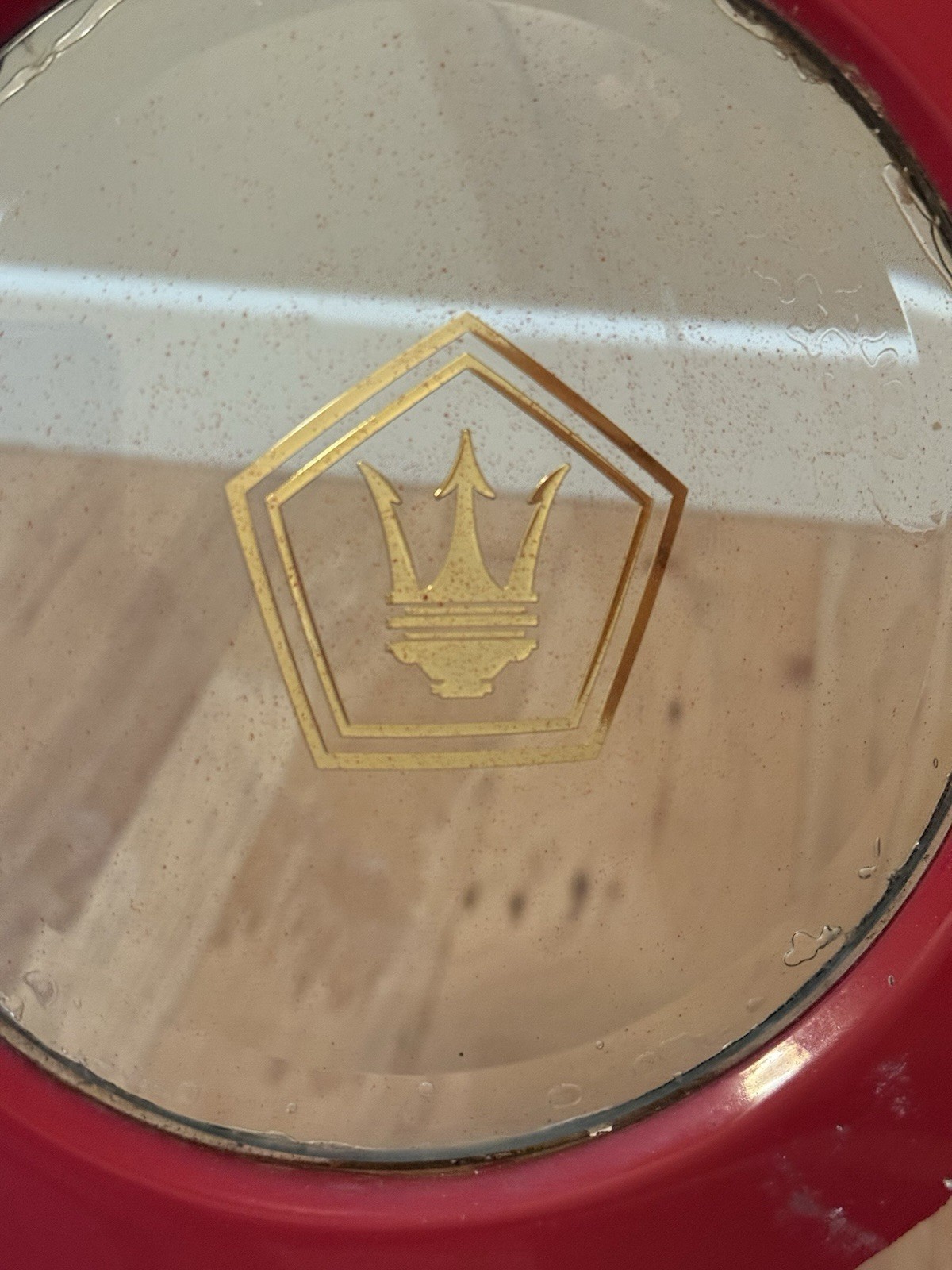 VINTAGE CHRYSLER TC BY MASERATI GLASS PORTHOLE WINDOW W/ GOLD TRIDENT LOGO