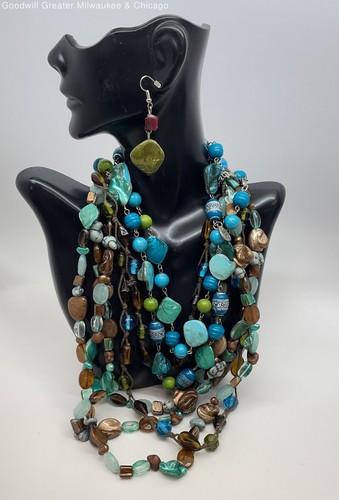 Silver-Tone Shell Glass Multi-Stone Necklaces & Dangle Earrings 228.9g
