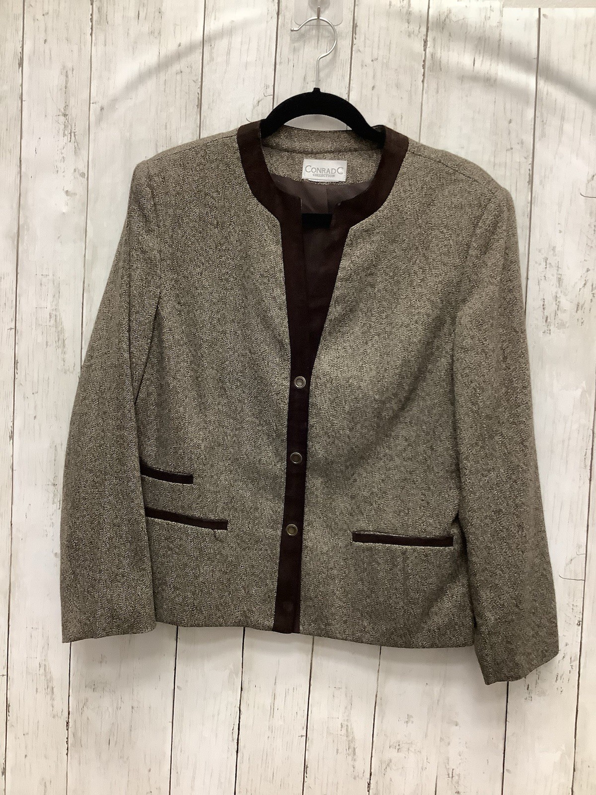 Vintage Conrad C Collection Brown Herringbone Wool Blazer Jacket with Suede Trim