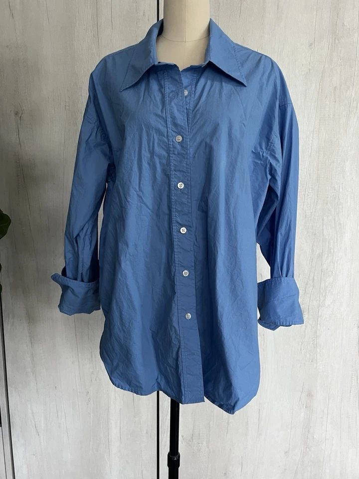 A.L.C. Monica shirt Top Size 4 Long sleeve Blue Cotton elastic cuff overiszed - Image 3 of 4