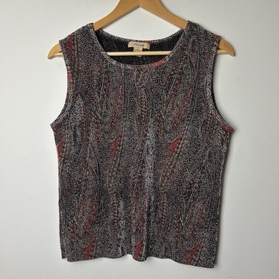 Vtg 90s Y2K Plisse Sleeveless Tank Top Abstract Artsy Pleated Ribbed Stretch L