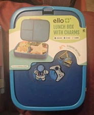ello Lunch Box with 3 Charms Ice Pack Blue Yellow w Handle Dishwasher Safe