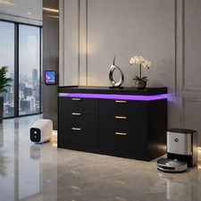 116cm Wide Modern Black 6-Drawer Chest of Drawers with LED Lighting & Remote