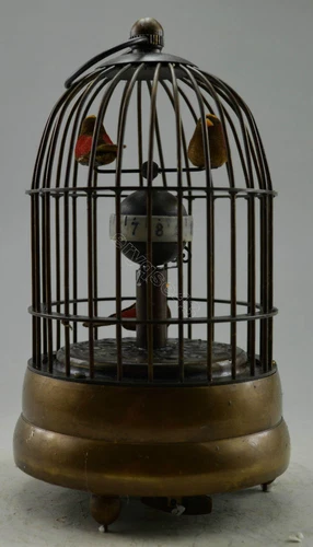 Antique Decorated Old Copper Carved Bird In Cage tick Mechanical Table Clock - Picture 2 of 6