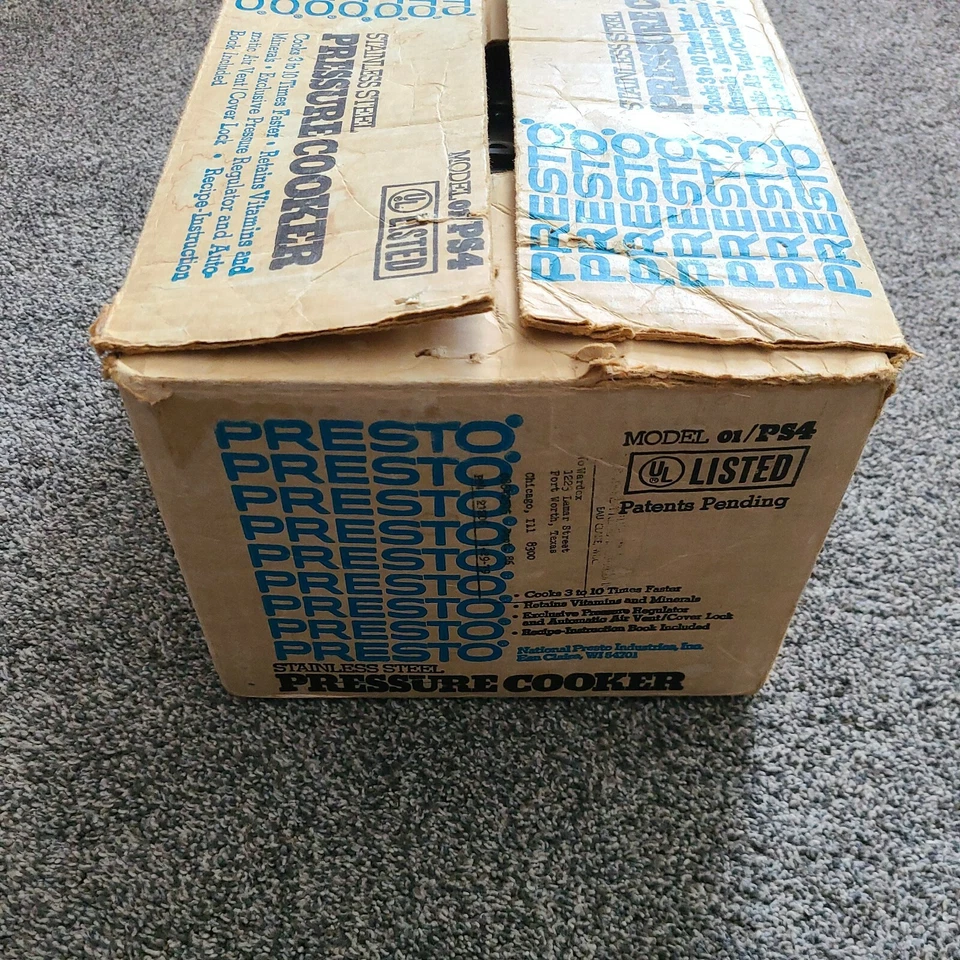 Panela de pressão vintage Presto aço inoxidável Mod 01/PS4 4 QT caixa original - Imagem 3 de 4
