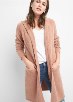 NWT GAP Long Hooded Wool Cardigan Open Front w/ Pockets, mauve pink,sz.S Petite