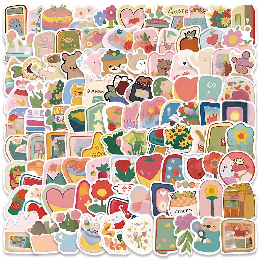 100pcs Cute Cartoon Colorful Flowers Animals Stickers Pack For Luggage Laptop Gu