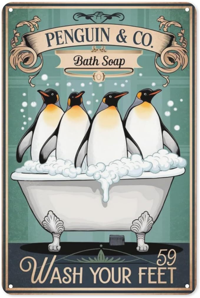 Antarctic Humor Tin Sign 8x12in Whimsical Metal Wall Art for Kids Bathroom or Zoo Decor