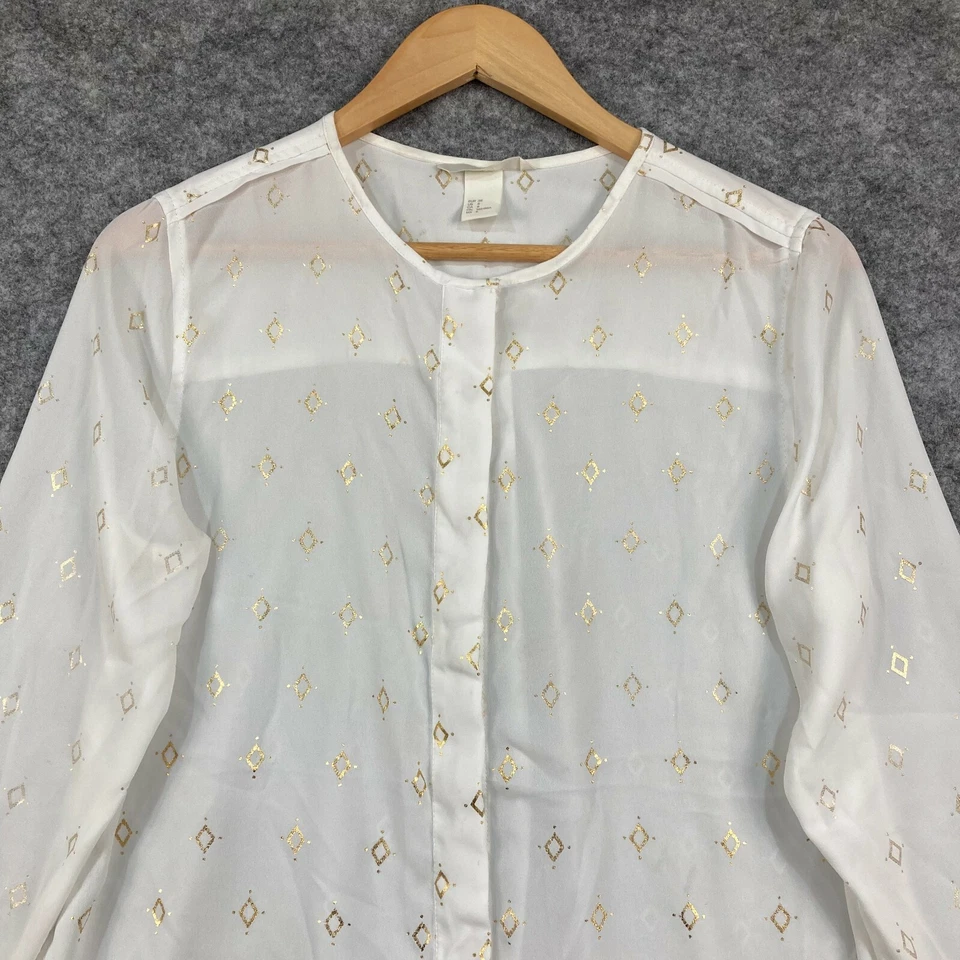 Top de mujer H&M talla 8 blanco manga larga cuello redondo botón delantero 234 Foto 2 de 4