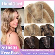 100 Remy Human Hair Piece Hand-Tied Hair Topper Clip in Top Free Part Toupee