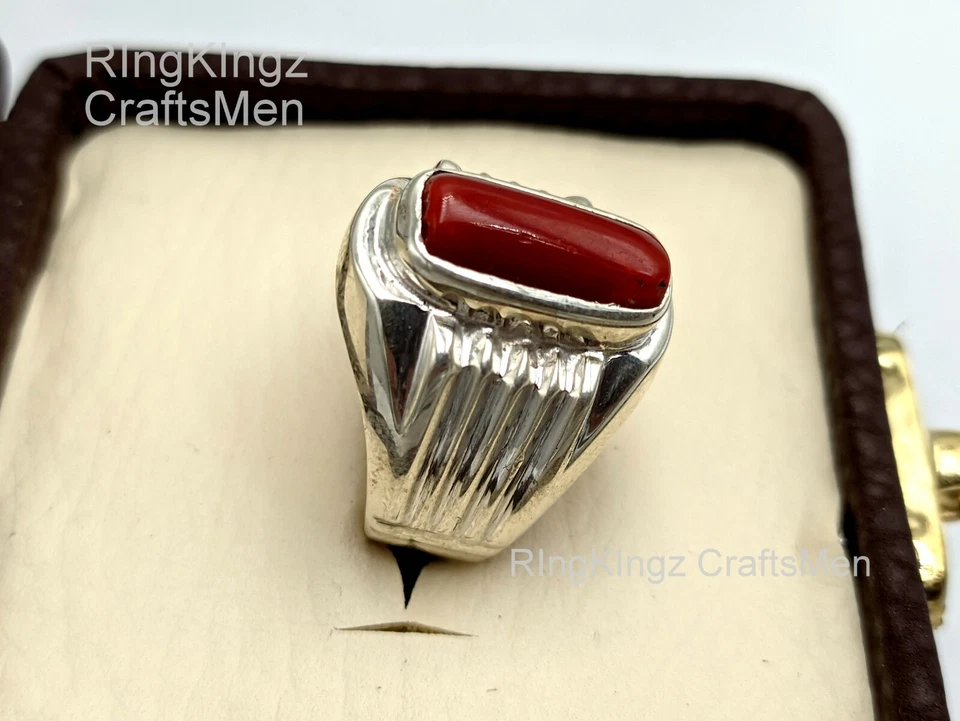 Anillo Merjan Coral Natural Para Hombre Plata Esterlina 925 Forma Cápsula Piedras Preciosas Foto 2 de 4