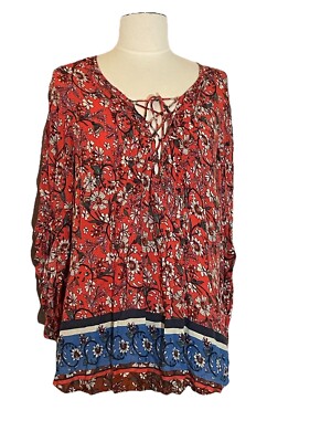 Vintage America Blues Junior Shirt Floral Pattern - XL Missy Boho 3/4 Sleeve