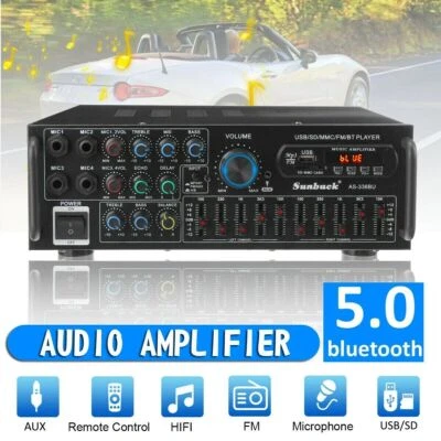 AMOTOPART Sunbuck 2000W Stereo HiFi Power Amplifier Bluetooth 5.0 Karaoke FM USB EQ AUX