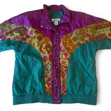 Vintage 80s 90s Lavon Nylon Windbreaker Petite Medium Purple Teal Brown Pattern