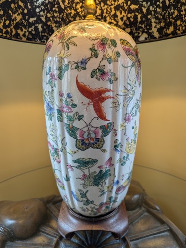 Vintage Chinese Porcelain Butterfly Lamp – Famille Rose Style Floral Motif,27"