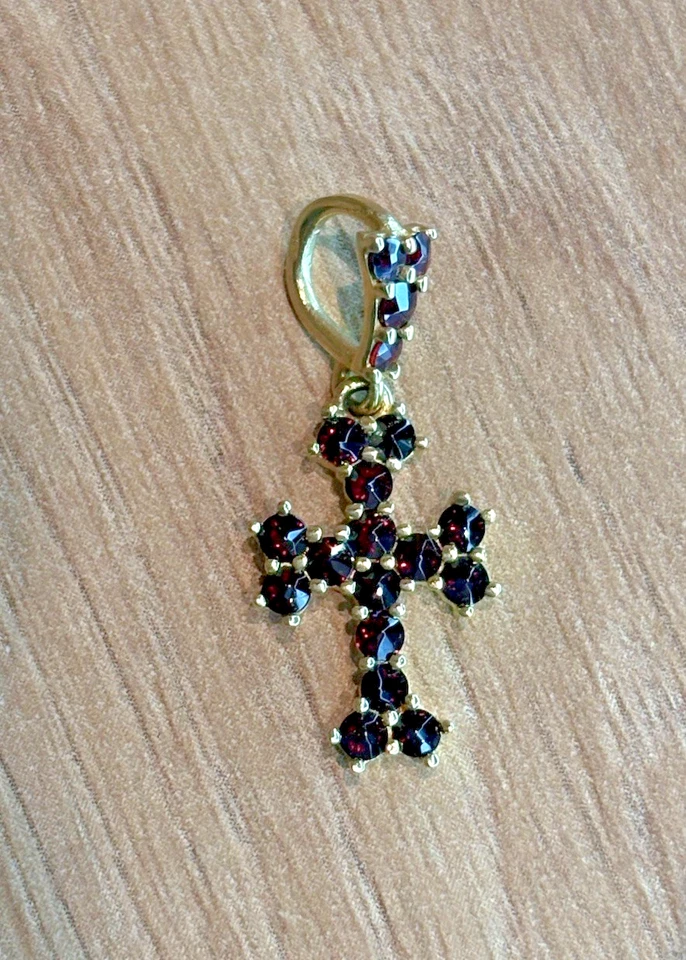 14K Gold Kreuz Anhänger Granat Edelstein Dunkel Rot 585 Gelbgold Kettenanhänger - Bild 4 von 4