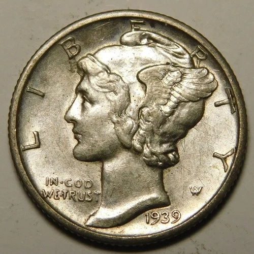 1939 D Mercury Dime 90% Silver AU-BU  "Actual Coin Pictured- Not Cleaned"