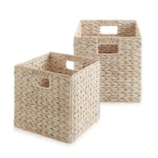 Set of 2 Hyacinth Storage Cubes, 10.5" Wicker Basket Bins for Shelves, Whitewash