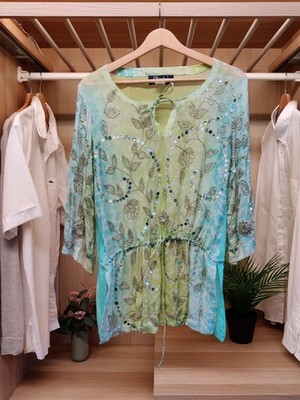 VINTAGE BINDU'S BLOUSE TOP SMALL BLUE INDIAN BOHO 100% SILK EMBELLISHED WOMEN