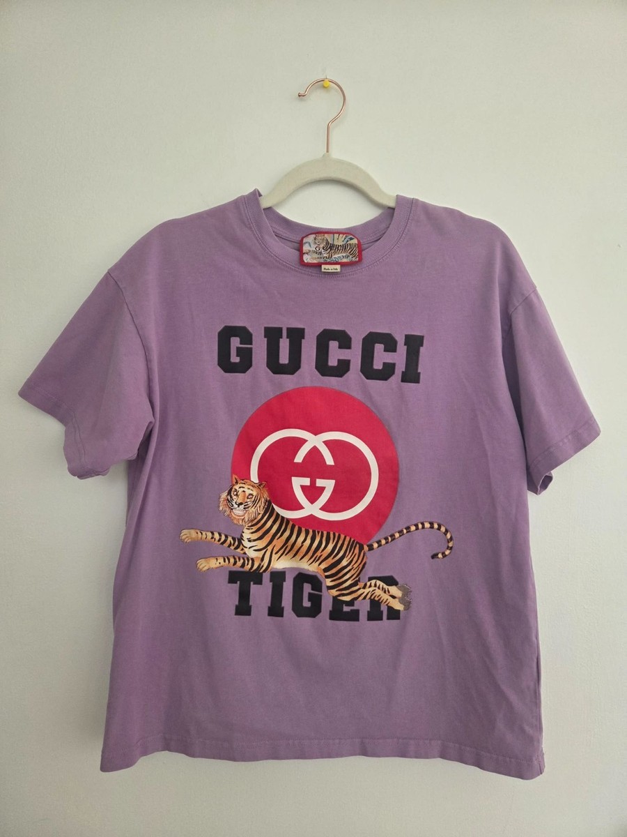 GUCCI グラフィックプリント Tシャツ Gucci Tiger T-Shirt Men's XS Purple Lilac GG Logo Graphic Tee Made