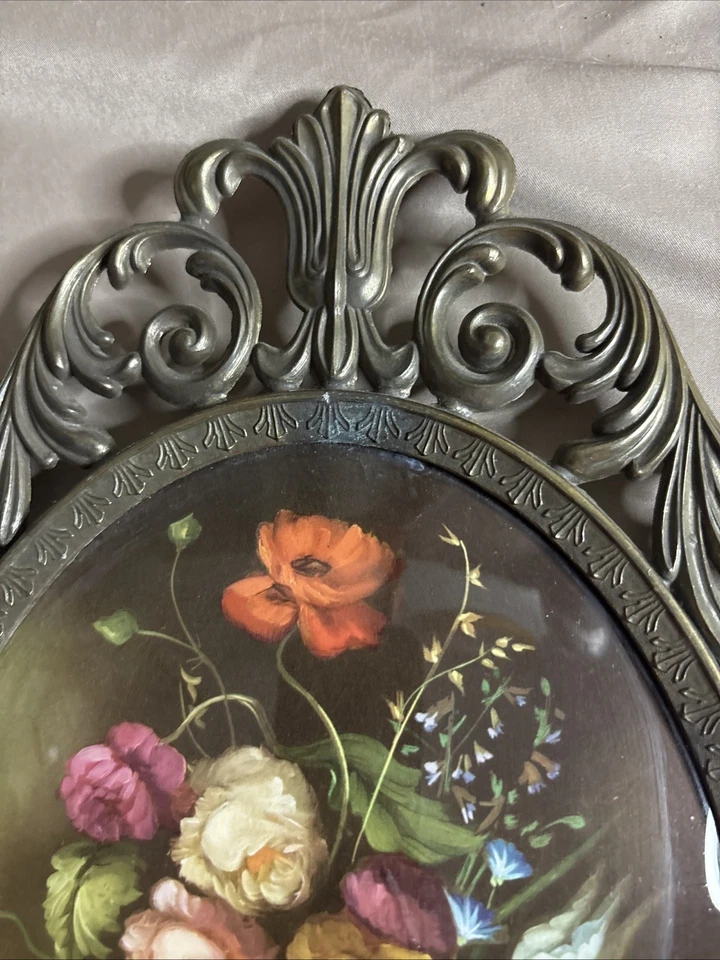 "2 marcos de fotos de latón ovalados ornamentados de vidrio burbuja vintage impresión floral Italia 13""" Foto 4 de 4
