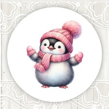 Christmas Penguin Pink Winter Stickers Round Matte Labels Seals