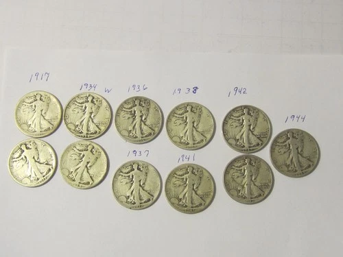 Lot Of (11) 1917-44 Circulated Walking Liberty half dollar 90% silver