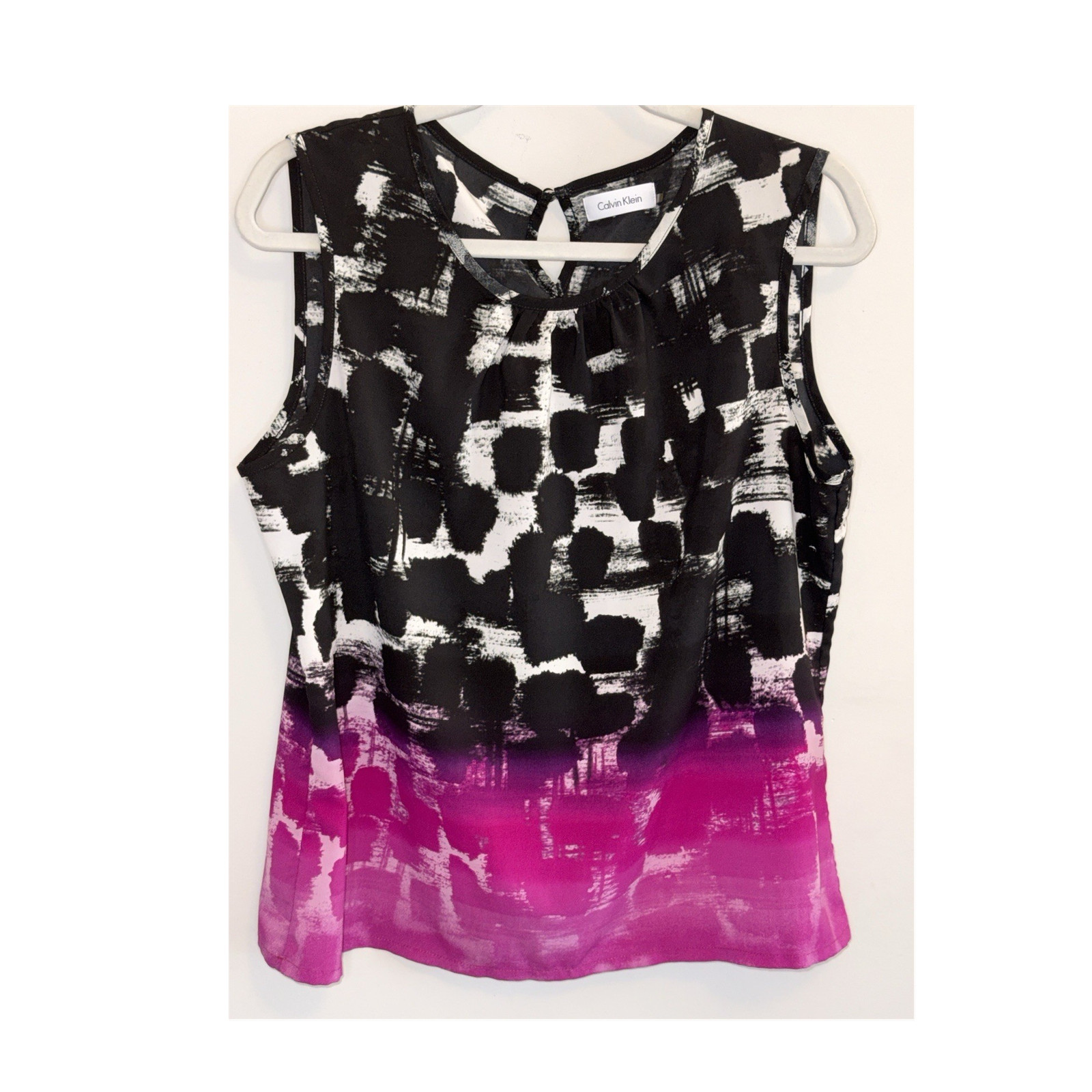 Calvin Klein Geometric Sleeveless Round Neck Keyhole Blouse Black White Pink L