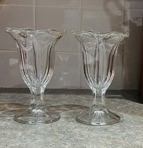 Vintage Anchor Hocking Tulip Clear Glass Ice Cream Sundae Cups  6”  Set Of 2